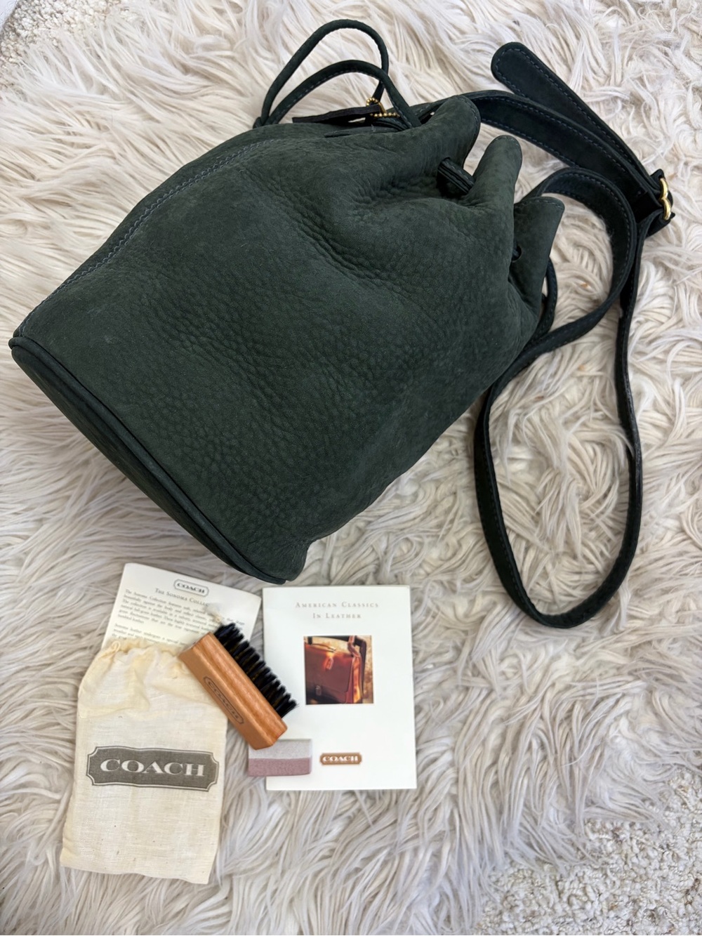 Vintage Coach Bottle Green Sonoma Nubuck Leather Drawstring Bucket Bag and Brush